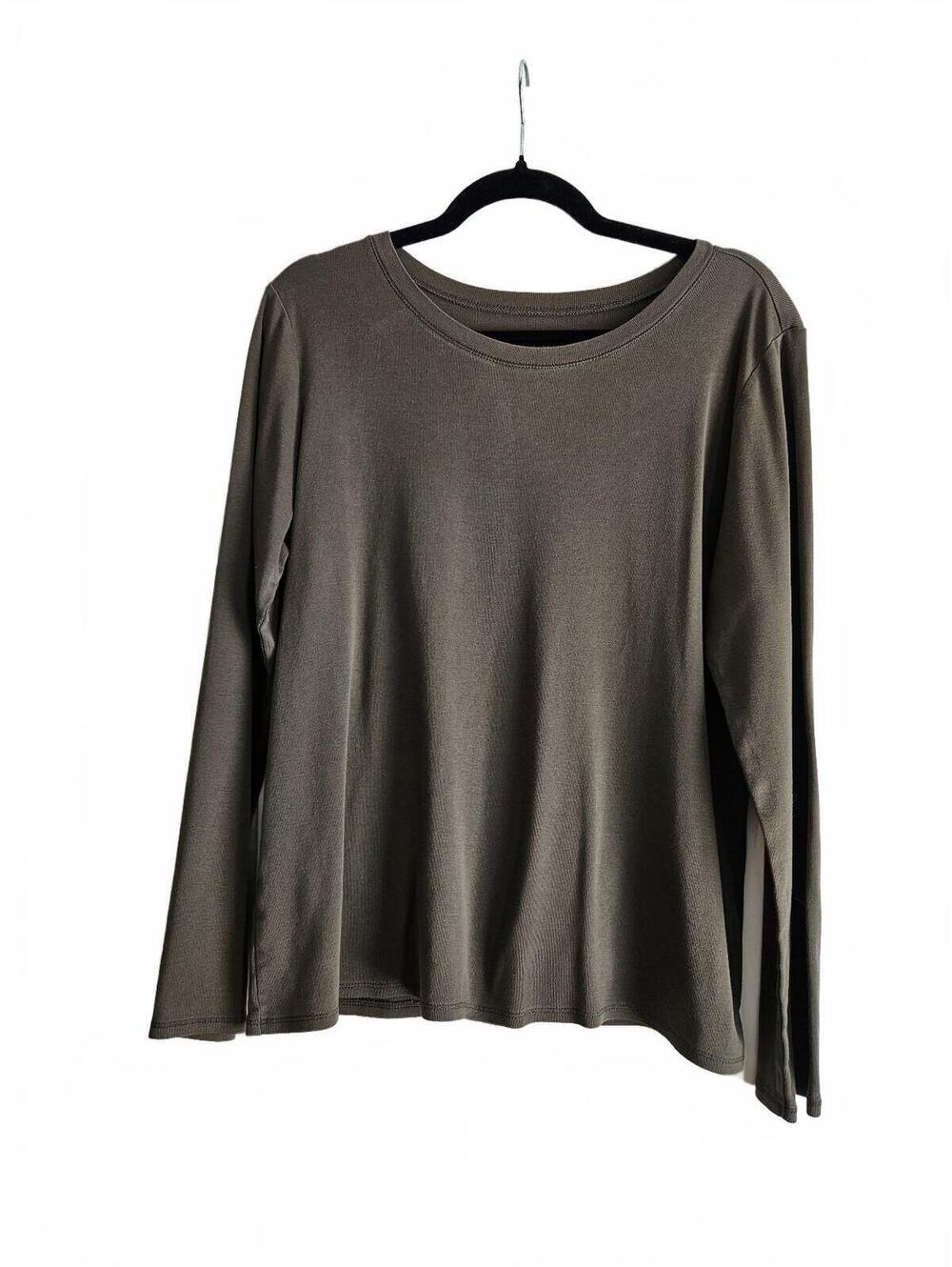 J.Jill Pima Long Sleeve Crew-Neck Cotton Tee in Olive Green-Large-Fall Ready